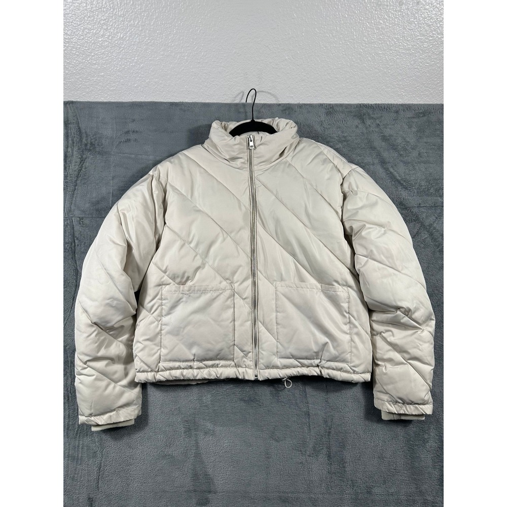Zara Womens Cream Off White Diagonal Quilted Puffer Jacket Cropped Size XS